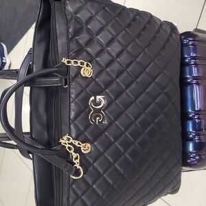 Gilda Paris Black Vegan Leather Quilted Tote Bag with Gold Accents